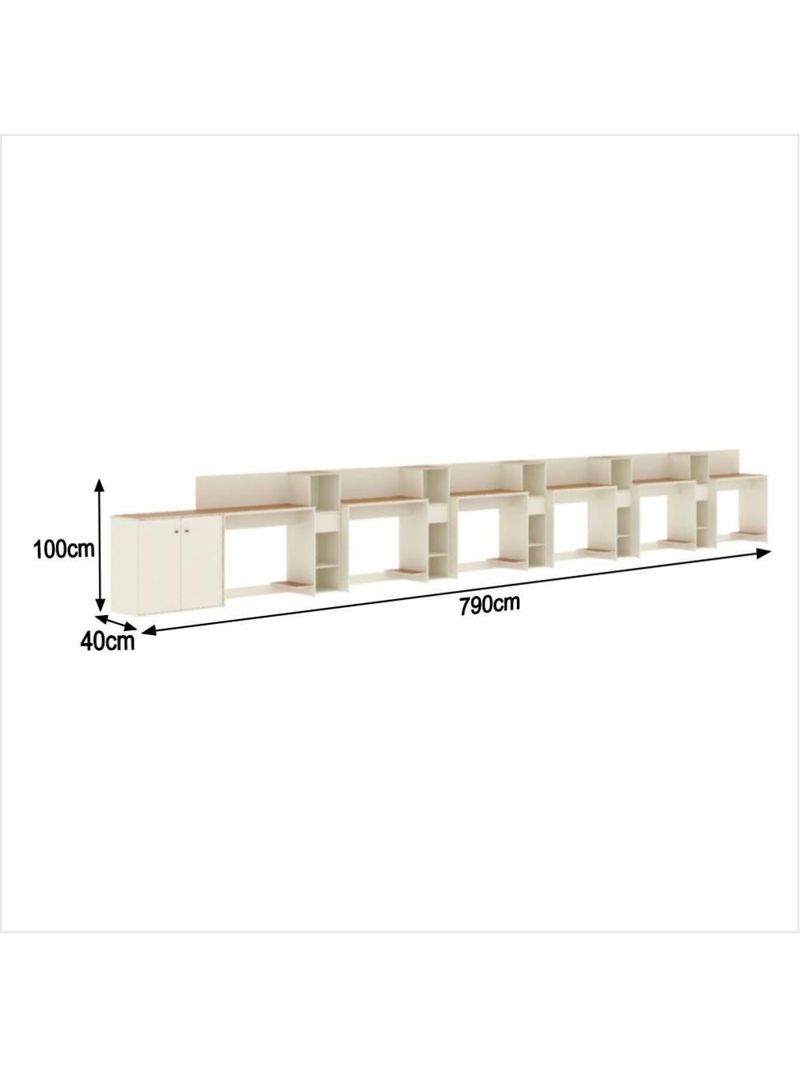 Conjunto De Escritório Tech 5 Livreiro 1 Buffet E 6 Mesas 90 - Off White E Cedro Off White E Cedro