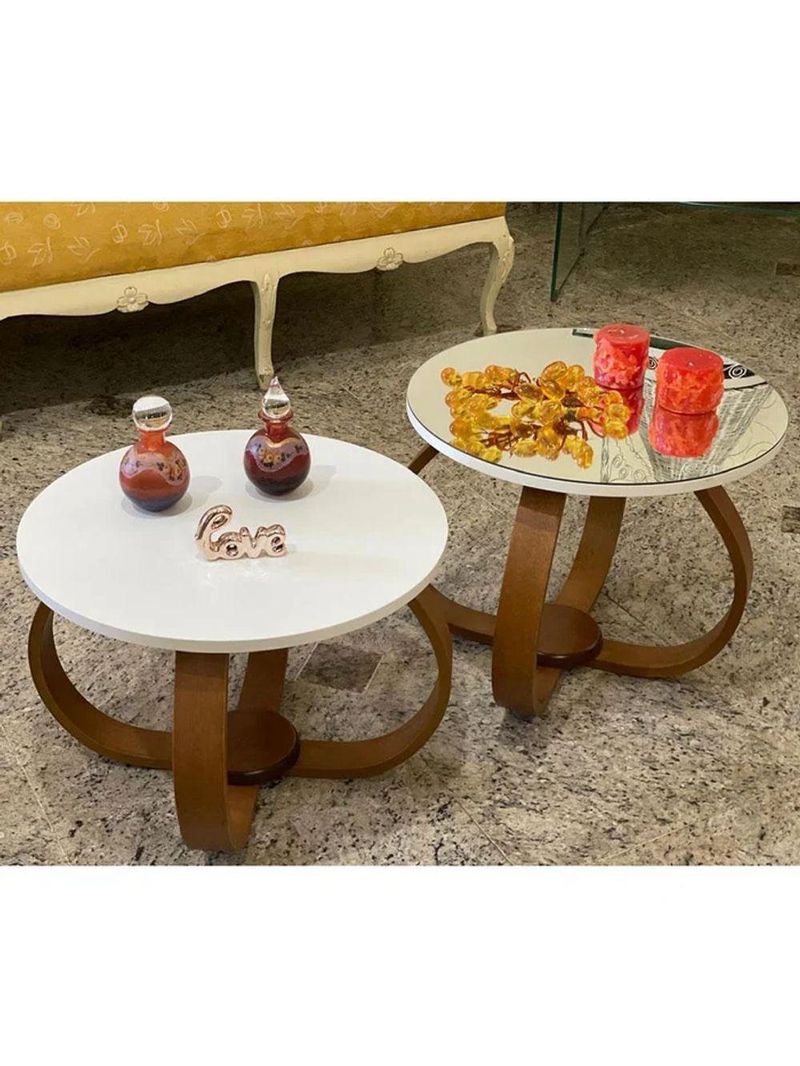 1/3 Conjunto Mesa De Centro E Lateral Pés Cebola Composê Espelhada Branco Branco