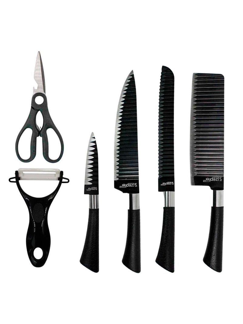 Jogo De Facas 6 Peças Com Tesoura Aço Inox Preto - Precisão E Durabilidade Para Sua Cozinha