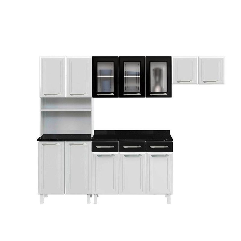 Armário De Cozinha Modulada Compacta De Aço 245cm Com Balcão Multimóveis Cr20528 Branco/Preto