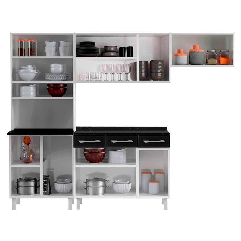 Armário De Cozinha Modulada Compacta De Aço 245cm Com Balcão Multimóveis Cr20528 Branco/Preto