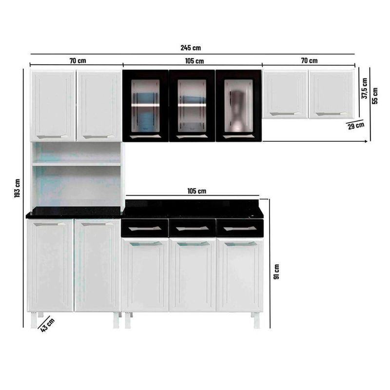 Armário De Cozinha Modulada Compacta De Aço 245cm Com Balcão Multimóveis Cr20528 Branco/Preto