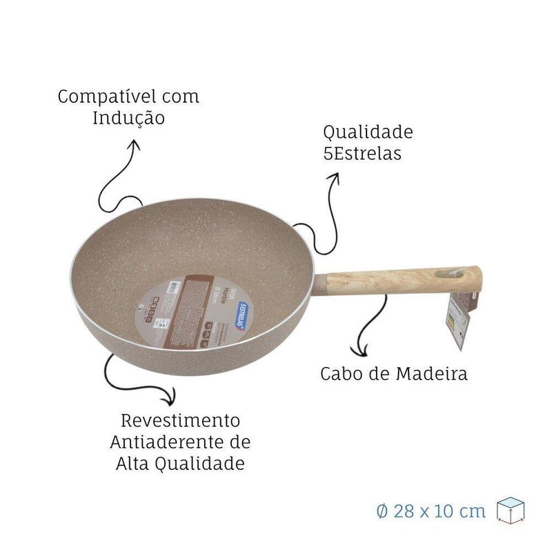 Frigideira Wok Antiaderente Marble Indução ø28cm Cabo De Madeira