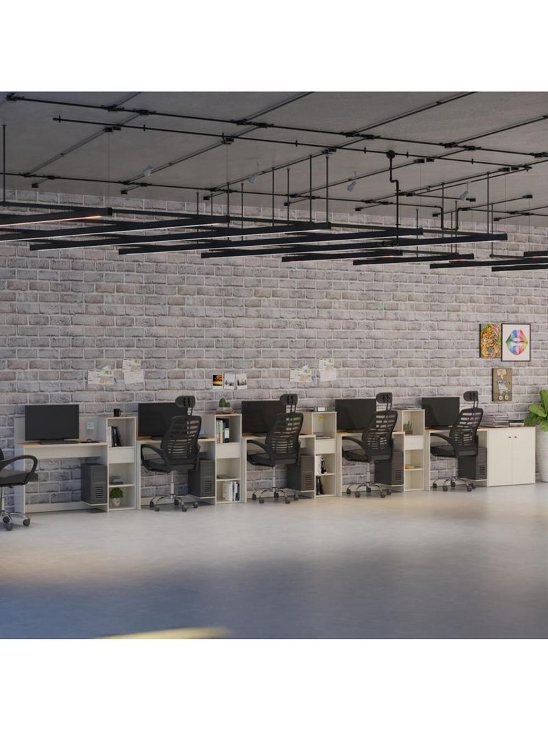 Conjunto De Escritório Tech 4 Livreiro 1 Buffet E 5 Mesas 90 - Off White E Cedro Off White E Cedro
