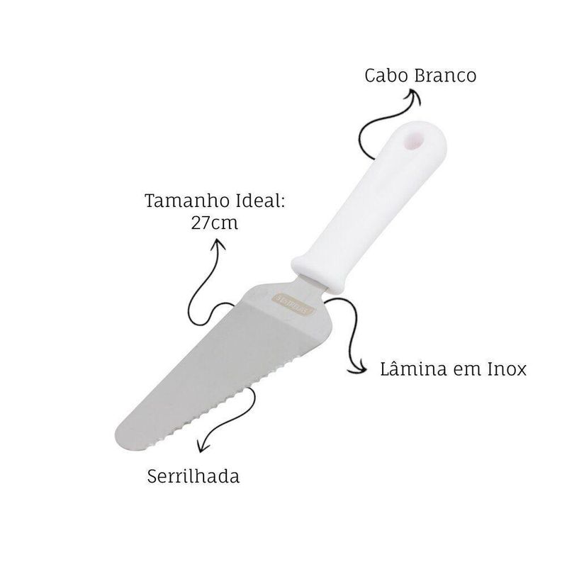 Espátula Para Bolo Inox Com Serra Profissional 27x6cm Cabo Branco