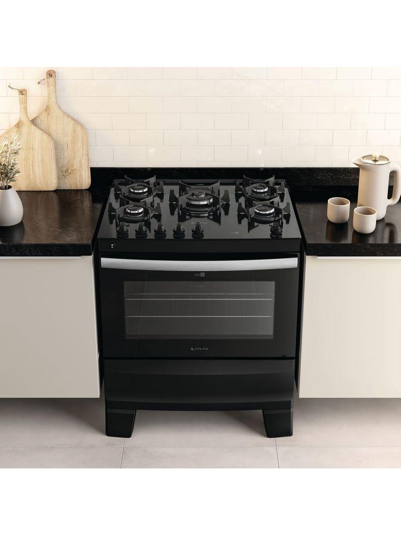 Fogão Atlas 5 Bocas Agile Glass Mesa Vidro Automático Preto