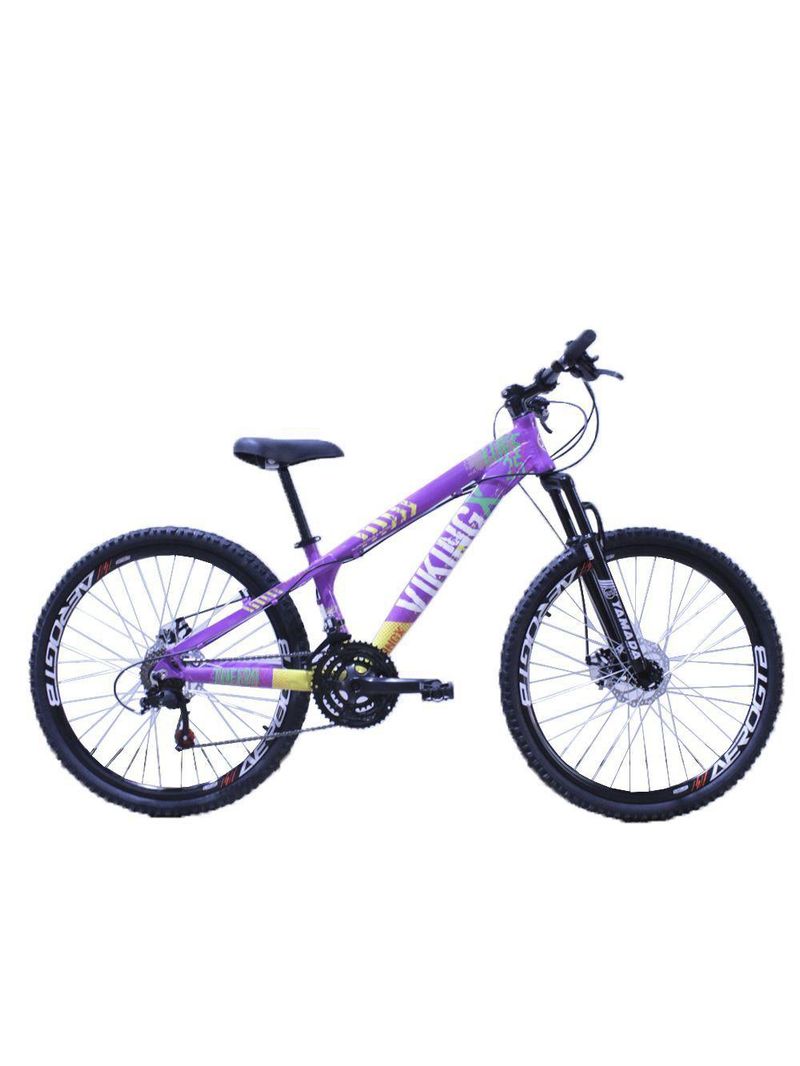 Bicicleta Viking Tuff25 Aro 26 Freio A Disco 21 V Cambios Importado Lilas Amarelo