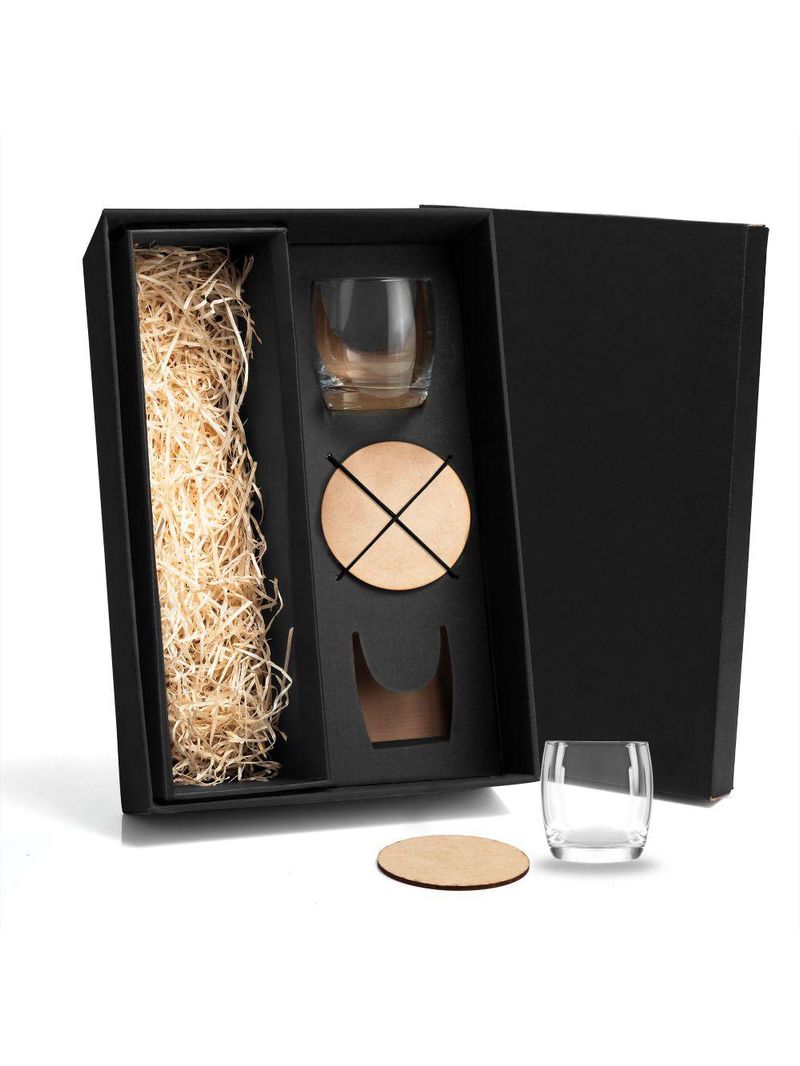 Jogo de copos de vidro p/ whisky 330 ml com porta copo - 4 pçs  welf