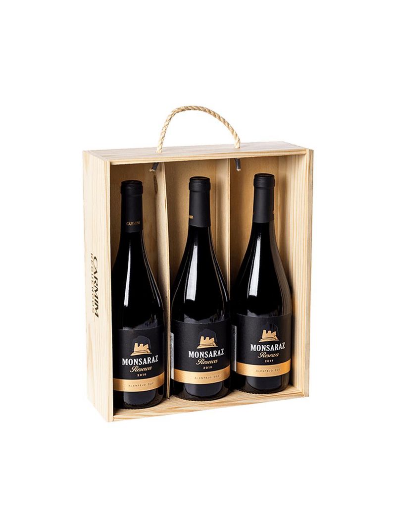 Kit vinho tinto português carmim monsaraz reserva com 3 garrafas 750 ml em caixa de madeira 2022