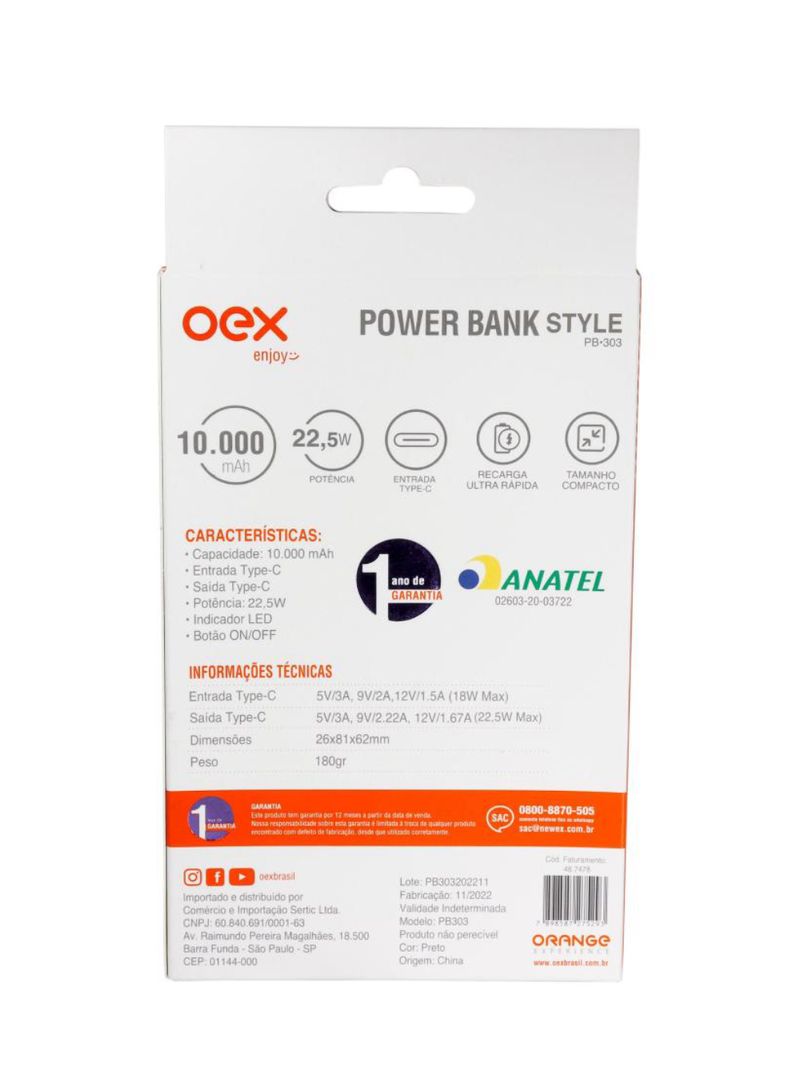 Carregador portátil power bank style 10000mah preto oex