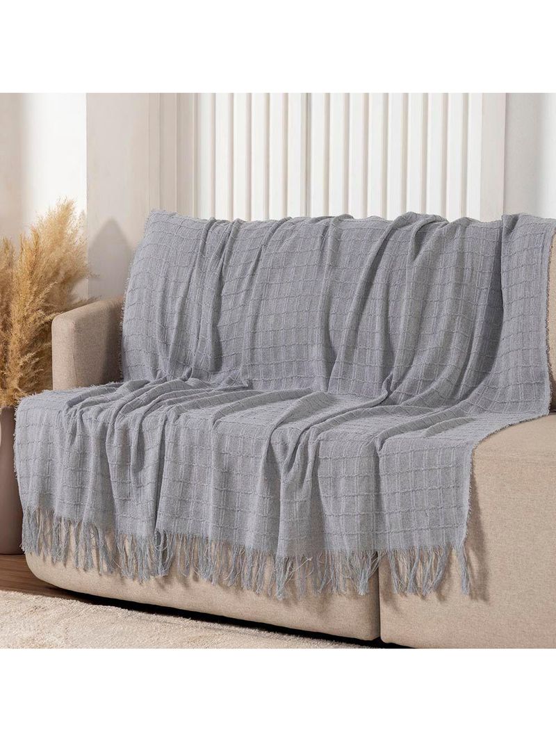 Manta Xale Rubi 2,40m X 1,70m Com Franja Para Sofá Cama 100% Algodão 01 Peça - Cinza