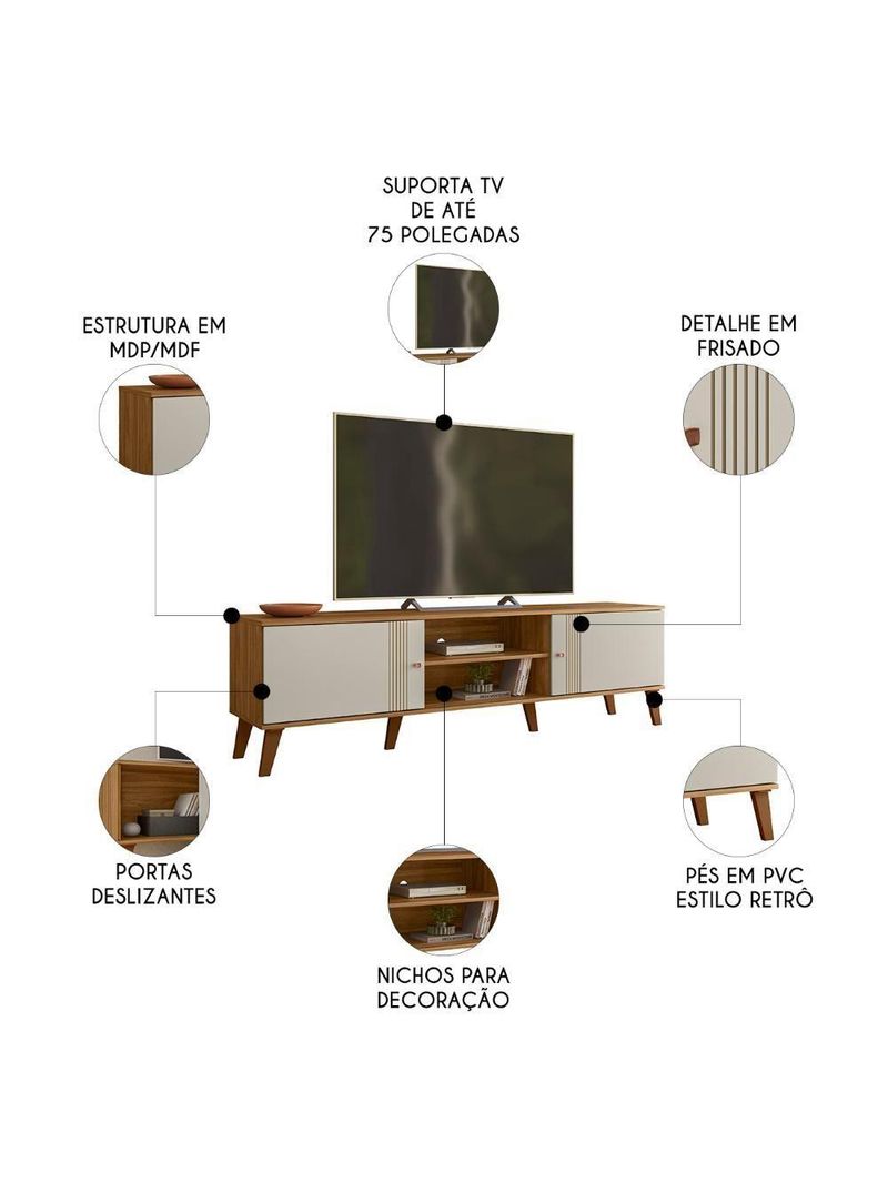 Rack Bancada Para TV 75 Polegadas 180cm Sia Nature Off White Z49 - Mpozenato