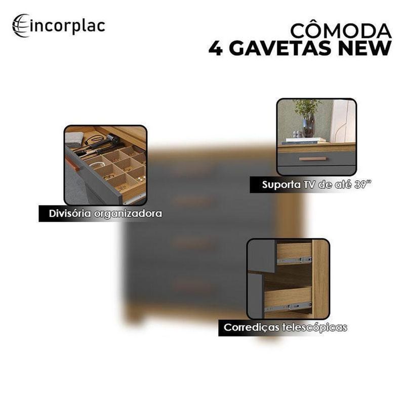 Cômoda 4 Gavetas New E Guarda Roupa Casal Imperial Carvalho Americano Grafite- Incorplac