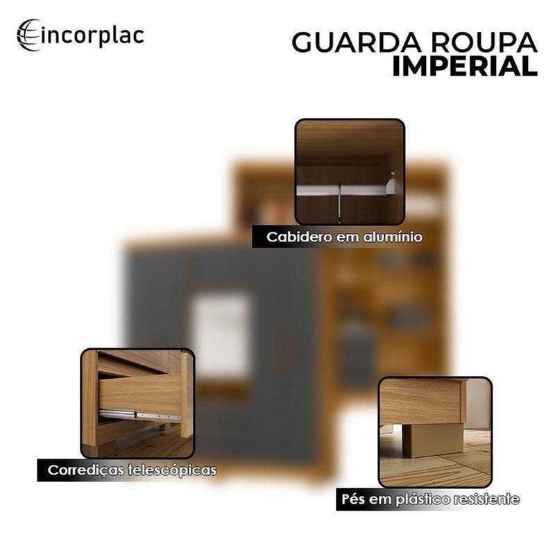 Cômoda 4 Gavetas New E Guarda Roupa Casal Imperial Carvalho Americano Grafite- Incorplac