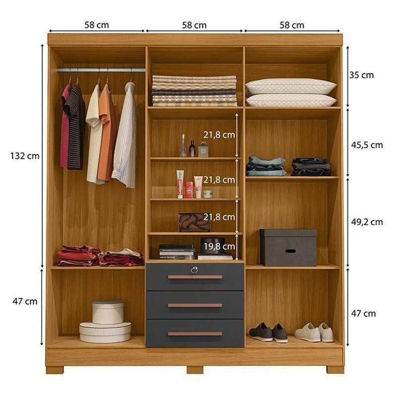Cômoda 4 Gavetas New E Guarda Roupa Casal Imperial Carvalho Americano Grafite- Incorplac