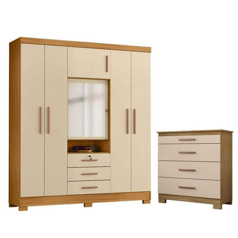 Cômoda 4 Gavetas New E Guarda Roupa Casal Imperial Carvalho Americano Off White - Incorplac