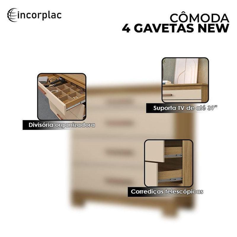 Cômoda 4 Gavetas New E Guarda Roupa Casal Imperial Carvalho Americano Off White - Incorplac