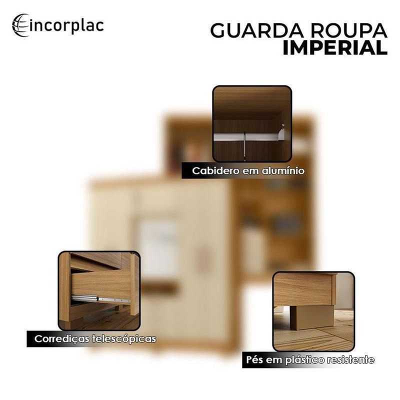 Cômoda 4 Gavetas New E Guarda Roupa Casal Imperial Carvalho Americano Off White - Incorplac