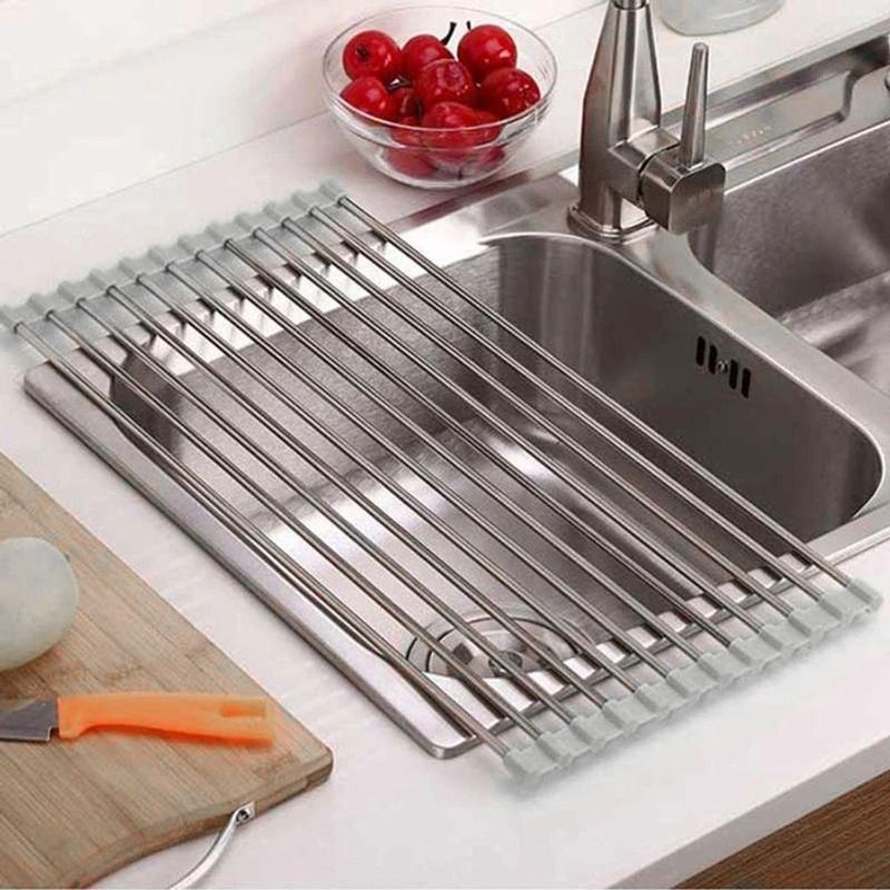 Escorredor De Pia Dobravel Portatil Aço Inox | Econômico De Espaço E Eficiente - Tamanho:47x30 G
