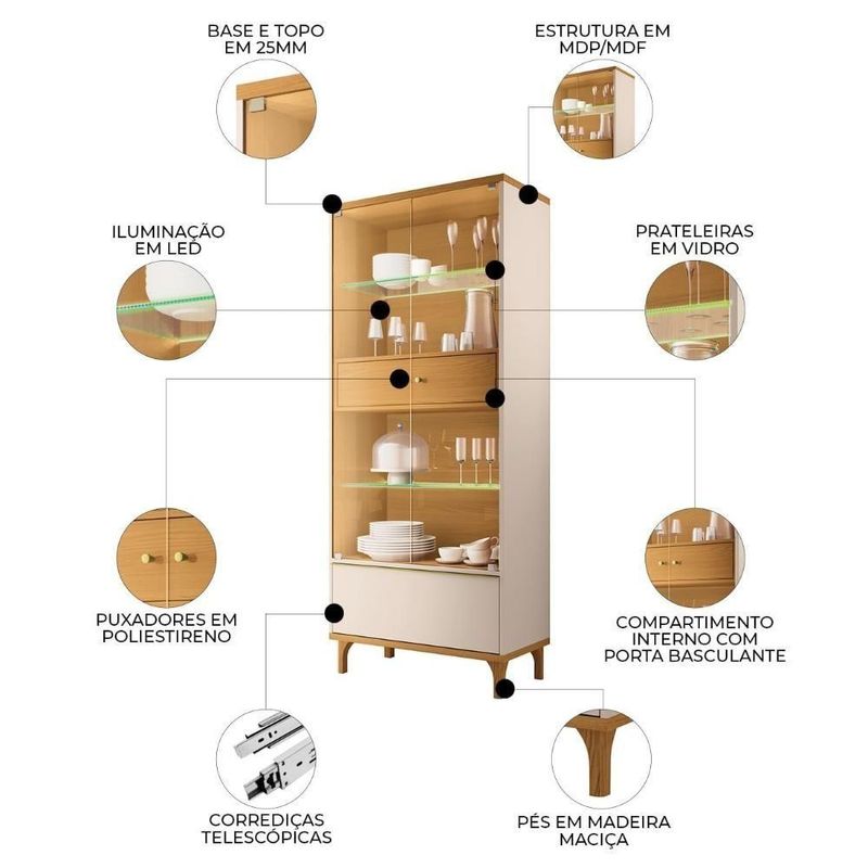 Cristaleira Portas De Vidro Com Led 76cm Delux Off/cinamomo H01 - Mpozenato