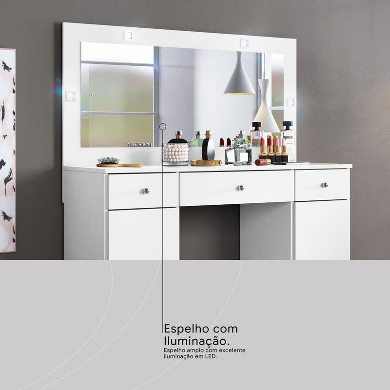 Penteadeira Camarim Carisma 3 Gavetas com Espelho LED MDP Branco Brilhante