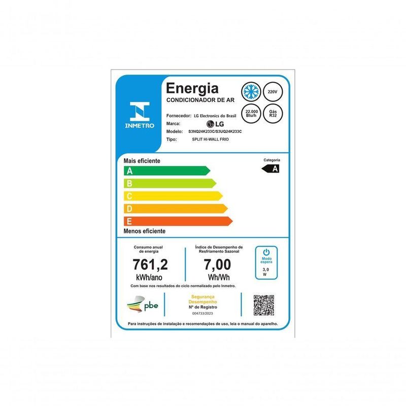 Ar Condicionado Split Hi Wall LG Dual Inverter 24000 BTUS Frio 220V S3-Q24K233C
