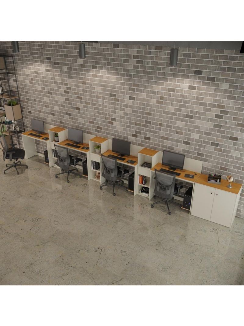 Conjunto De Escritório Tech 3 Livreiro 1 Buffet E 4 Mesas 90 - Off White E Cedro Off White E Cedro
