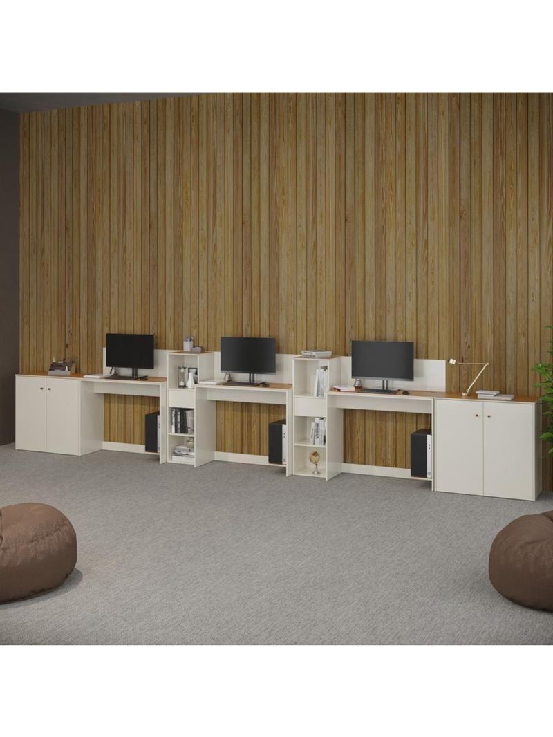 Conjunto De Escritório Tech 2 Livreiro 2 Buffet E 3 Mesas 90 - Off White E Cedro Off White E Cedro
