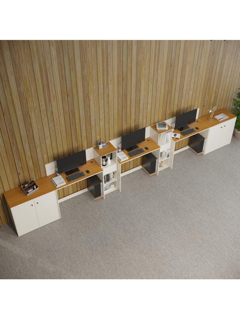 Conjunto De Escritório Tech 2 Livreiro 2 Buffet E 3 Mesas 90 - Off White E Cedro Off White E Cedro