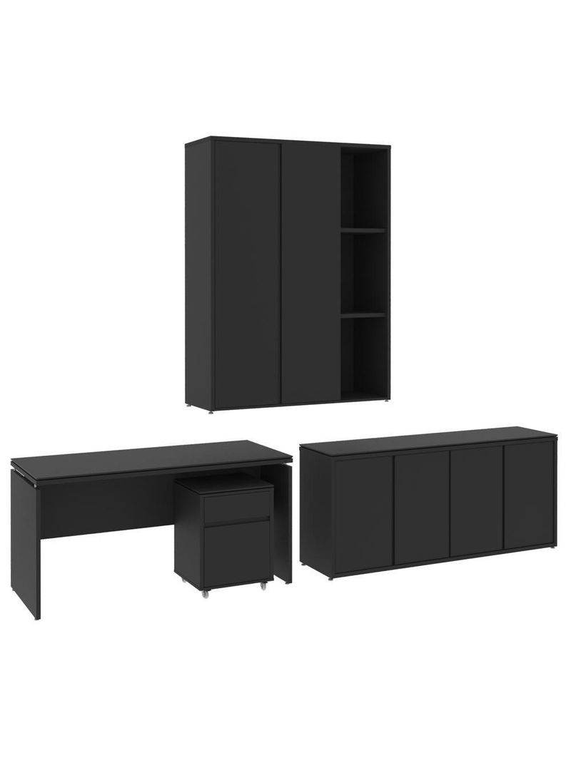 Conjunto De Escritório Office 4 Peças Mesa Gaveteiro Balcão - Preto Preto