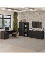 Conjunto De Escritório Office 4 Peças Mesa Gaveteiro Balcão - Preto Preto