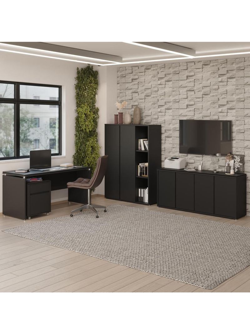 Conjunto De Escritório Office 4 Peças Mesa Gaveteiro Balcão - Preto Preto