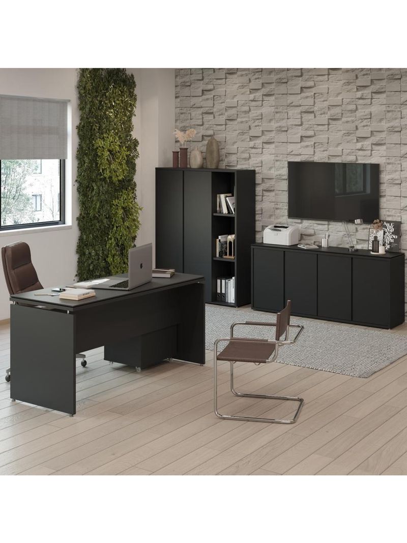 Conjunto De Escritório Office 4 Peças Mesa Gaveteiro Balcão - Preto Preto