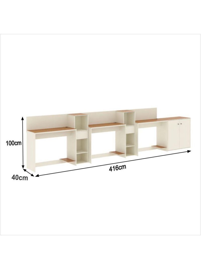 Conjunto De Escritório Tech 2 Livreiro 1 Buffet E 3 Mesas 90 - Off White E Cedro Off White E Cedro