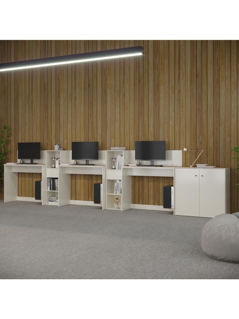 Conjunto De Escritório Tech 2 Livreiro 1 Buffet E 3 Mesas 90 - Off White E Cedro Off White E Cedro