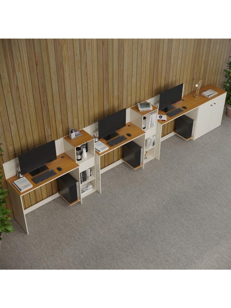 Conjunto De Escritório Tech 2 Livreiro 1 Buffet E 3 Mesas 90 - Off White E Cedro Off White E Cedro