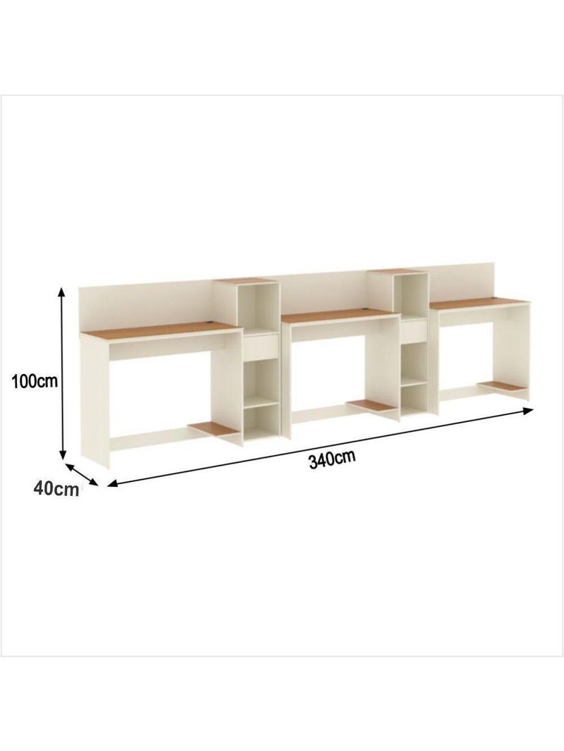 Conjunto De Escritório Tech 2 Livreiro E 3 Mesas 90cm - Vian - Off White E Cedro Off White E Cedro