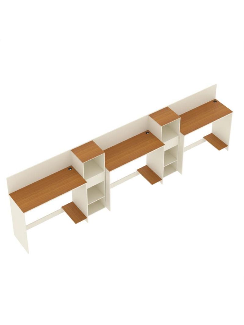 Conjunto De Escritório Tech 2 Livreiro E 3 Mesas 90cm - Vian - Off White E Cedro Off White E Cedro