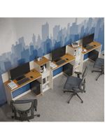 Conjunto De Escritório Tech 2 Livreiro E 3 Mesas 90cm - Vian - Off White E Cedro Off White E Cedro