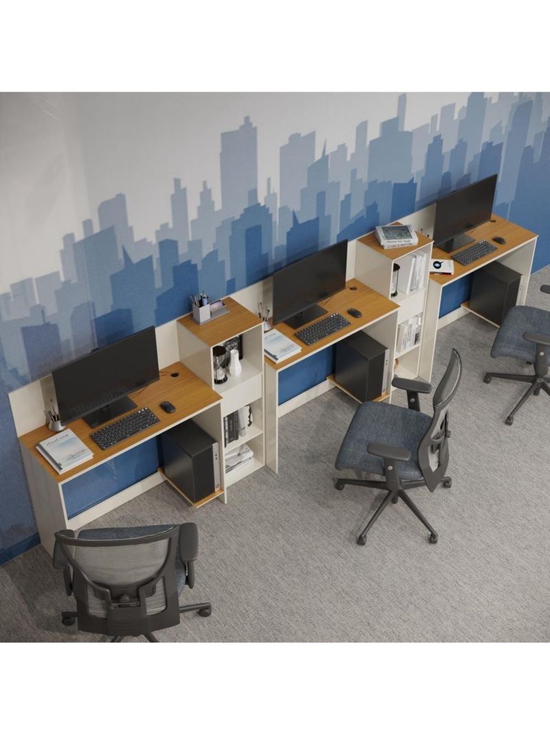 Conjunto De Escritório Tech 2 Livreiro E 3 Mesas 90cm - Vian - Off White E Cedro Off White E Cedro