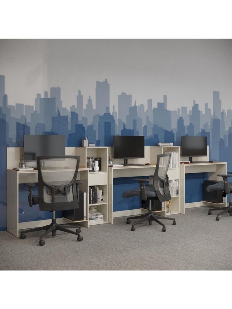 Conjunto De Escritório Tech 2 Livreiro E 3 Mesas 90cm - Vian - Off White E Cedro Off White E Cedro