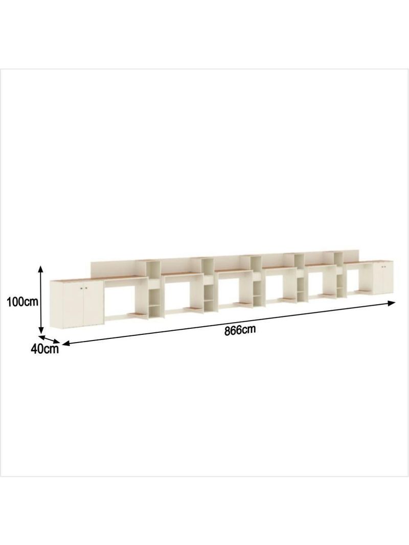 Conjunto De Escritório Tech 5 Livreiro 2 Buffet E 6 Mesas 90 - Off White E Cedro Off White E Cedro