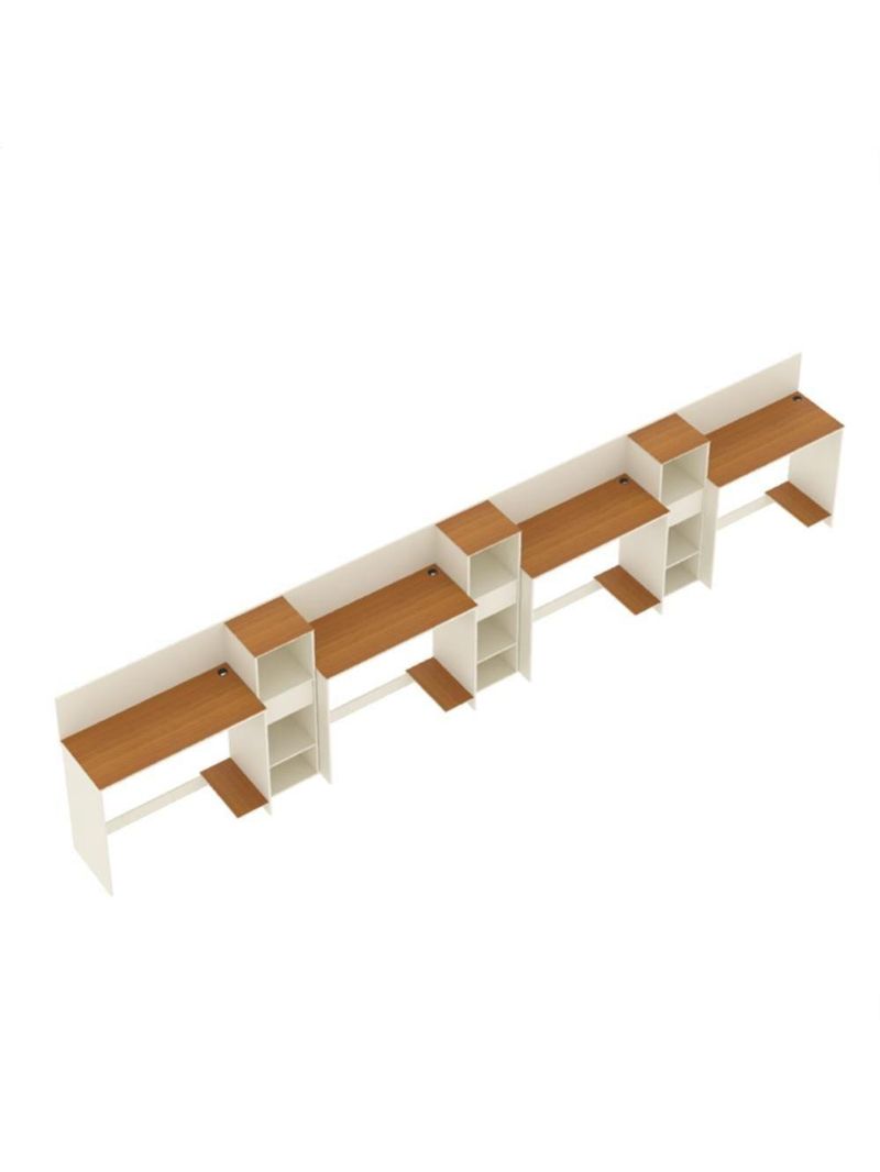 Conjunto De Escritório Tech 3 Livreiro E 4 Mesas 90cm - Vian - Off White E Cedro Off White E Cedro