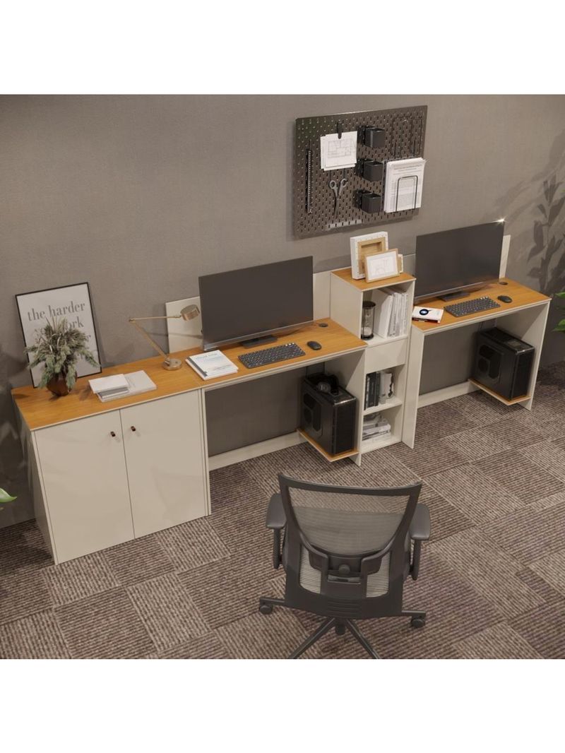 Conjunto De Escritório Tech 1 Livreiro 1 Buffet E 2 Mesas 90 - Off White E Cedro Off White E Cedro