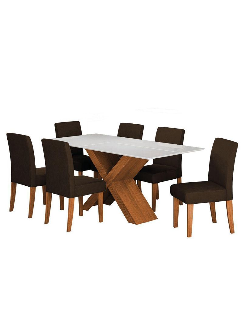 Conjunto De Mesa Sala De Jantar Tampo Com Vidro 1,80m Grécia 6 Cadeiras Trieste Dobuê Madeirado/chocolate