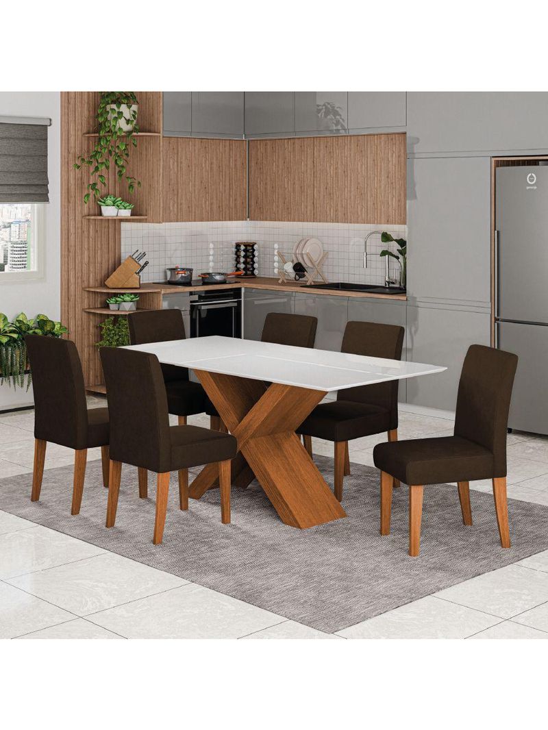 Conjunto De Mesa Sala De Jantar Tampo Com Vidro 1,80m Grécia 6 Cadeiras Trieste Dobuê Madeirado/chocolate