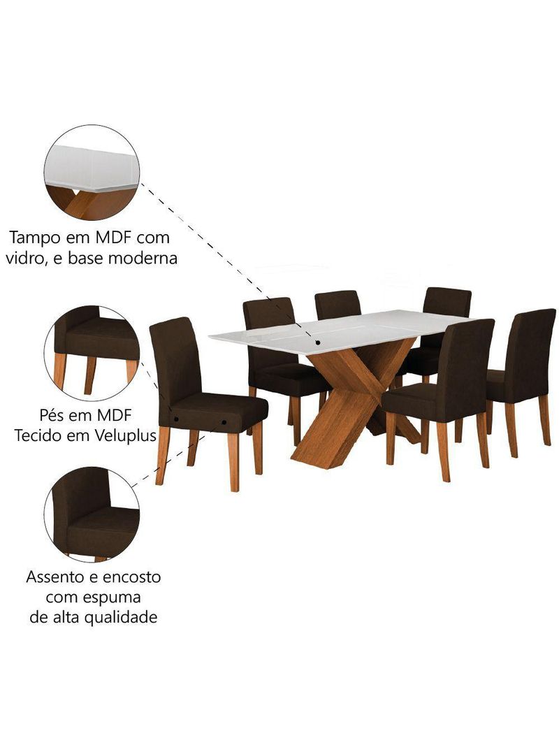 Conjunto De Mesa Sala De Jantar Tampo Com Vidro 1,80m Grécia 6 Cadeiras Trieste Dobuê Madeirado/chocolate