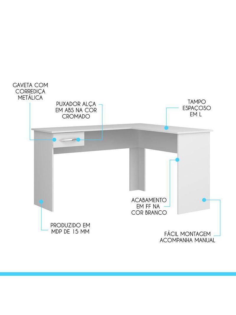 Mesa Para Escritório Escrivaninha De Canto 1 Gaveta Menu Móveis Branco