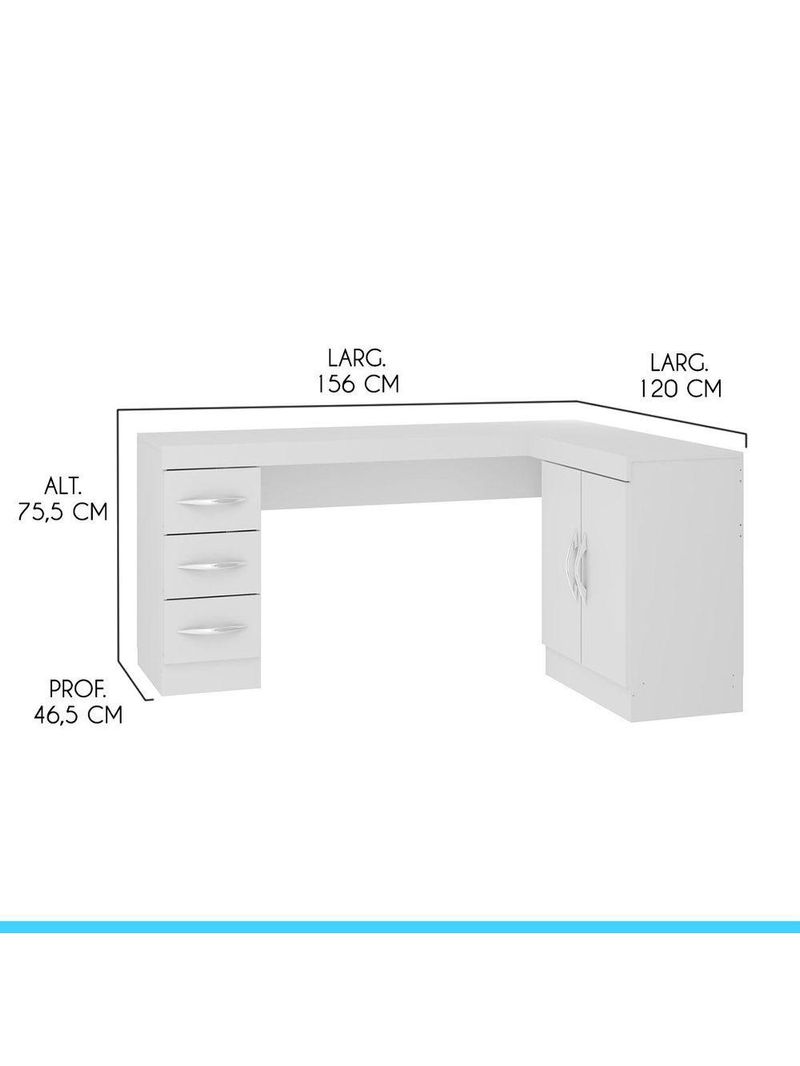 Mesa Escritório De Canto Home Office 2 Portas 3 Gavetas Menu Móveis Branco