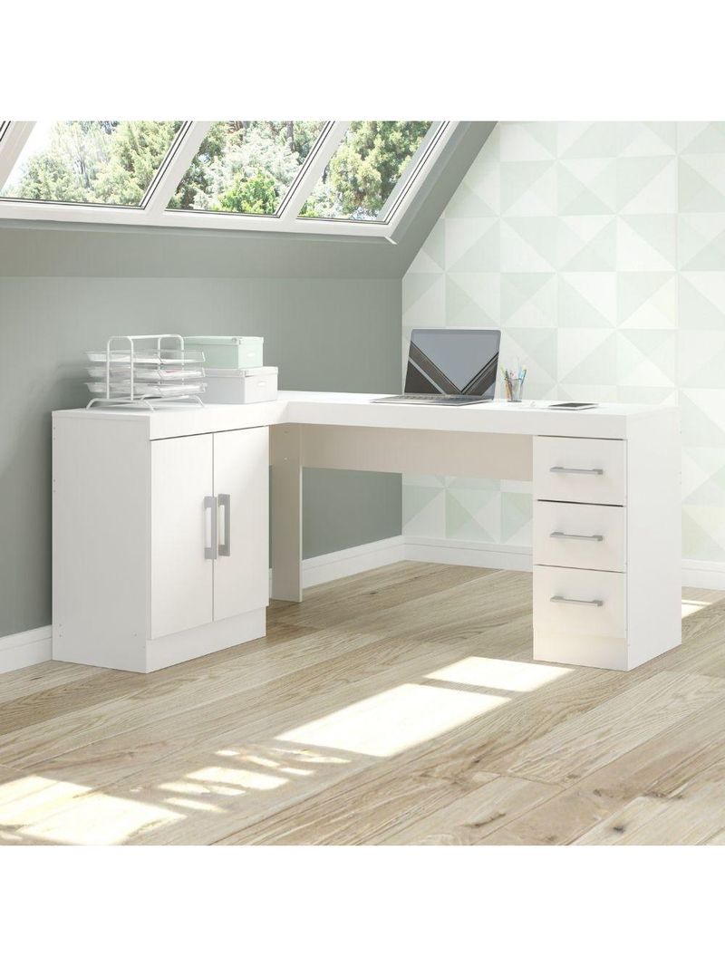 Mesa Escritório De Canto Home Office 2 Portas 3 Gavetas Menu Móveis Branco